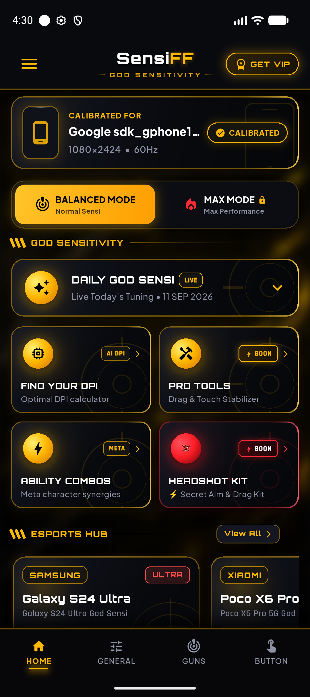 SensiFF God Sensitivity home dashboard